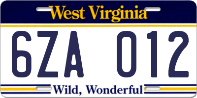 WV license plate 6ZA012