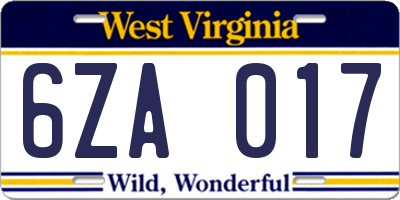 WV license plate 6ZA017