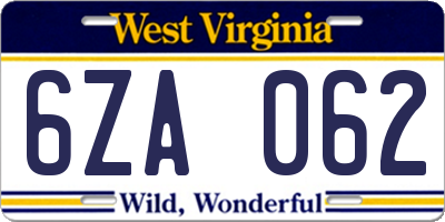 WV license plate 6ZA062