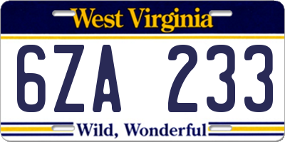 WV license plate 6ZA233