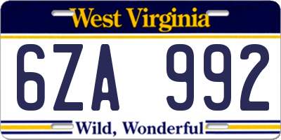 WV license plate 6ZA992