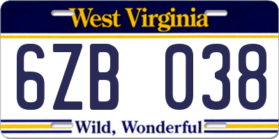 WV license plate 6ZB038
