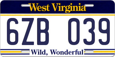 WV license plate 6ZB039