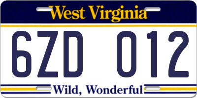 WV license plate 6ZD012