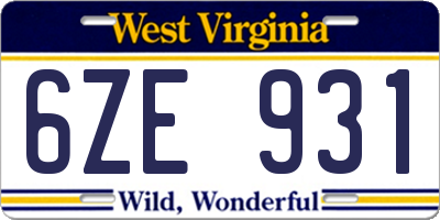 WV license plate 6ZE931