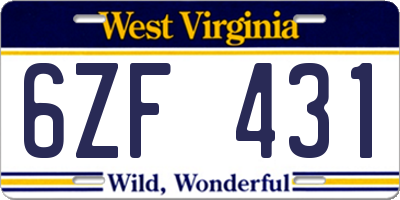 WV license plate 6ZF431
