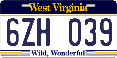 WV license plate 6ZH039