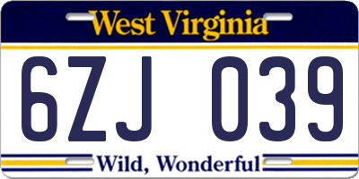 WV license plate 6ZJ039