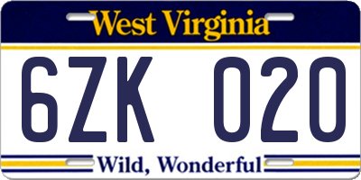 WV license plate 6ZK020