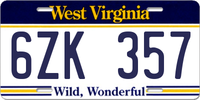 WV license plate 6ZK357