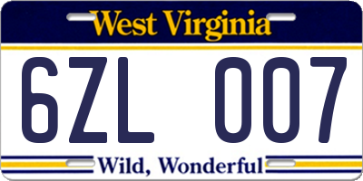 WV license plate 6ZL007