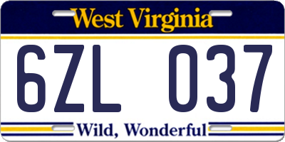WV license plate 6ZL037