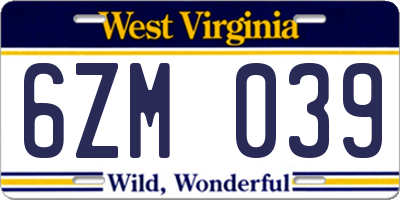WV license plate 6ZM039
