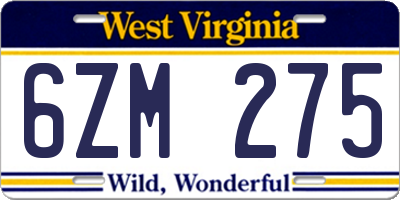 WV license plate 6ZM275