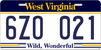 WV license plate 6ZO021