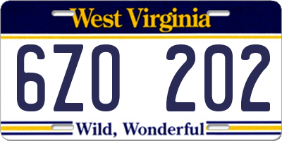WV license plate 6ZO202