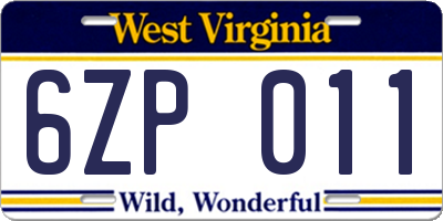 WV license plate 6ZP011