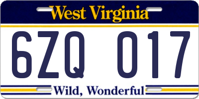 WV license plate 6ZQ017
