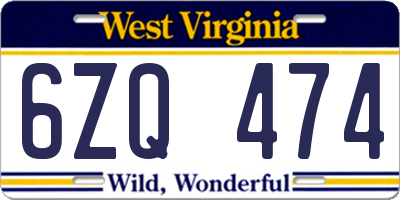 WV license plate 6ZQ474