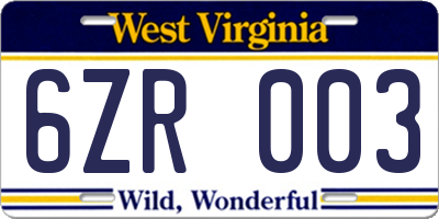 WV license plate 6ZR003