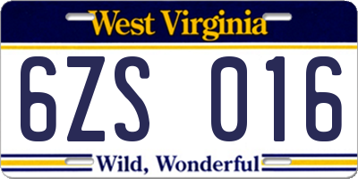 WV license plate 6ZS016