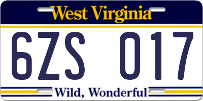WV license plate 6ZS017