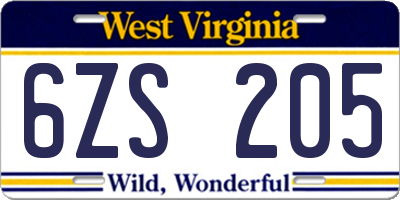 WV license plate 6ZS205