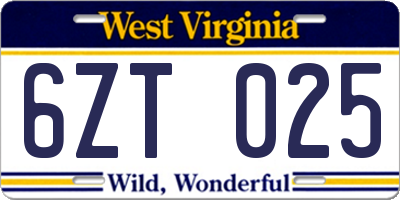 WV license plate 6ZT025