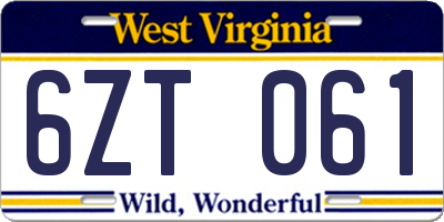 WV license plate 6ZT061