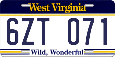 WV license plate 6ZT071
