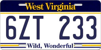 WV license plate 6ZT233
