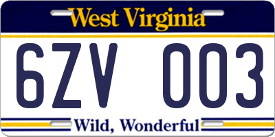 WV license plate 6ZV003