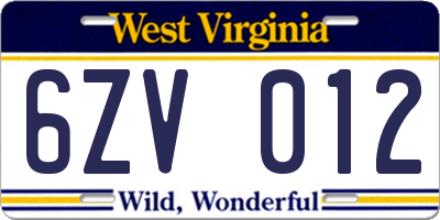 WV license plate 6ZV012