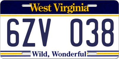 WV license plate 6ZV038