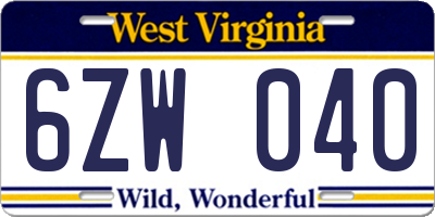 WV license plate 6ZW040