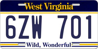 WV license plate 6ZW701