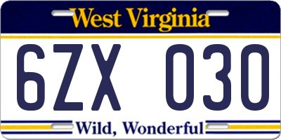 WV license plate 6ZX030