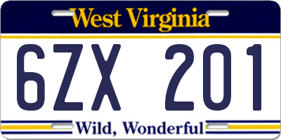 WV license plate 6ZX201