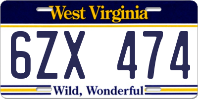 WV license plate 6ZX474