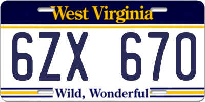 WV license plate 6ZX670