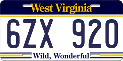 WV license plate 6ZX920