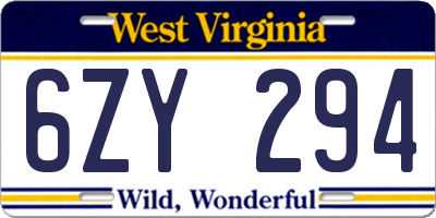 WV license plate 6ZY294