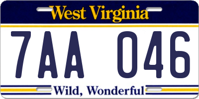 WV license plate 7AA046