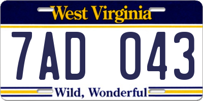 WV license plate 7AD043