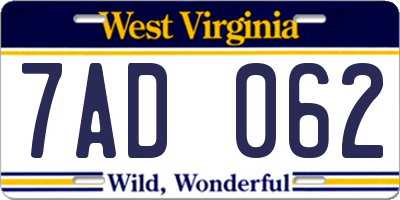 WV license plate 7AD062