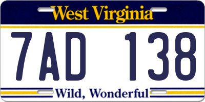 WV license plate 7AD138