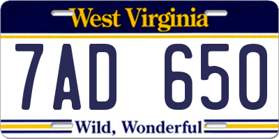 WV license plate 7AD650