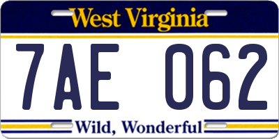 WV license plate 7AE062