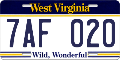 WV license plate 7AF020
