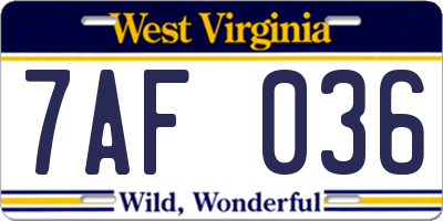 WV license plate 7AF036